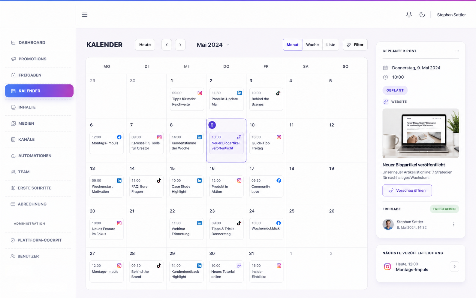 Example view of the Posting-Planner content calendar
