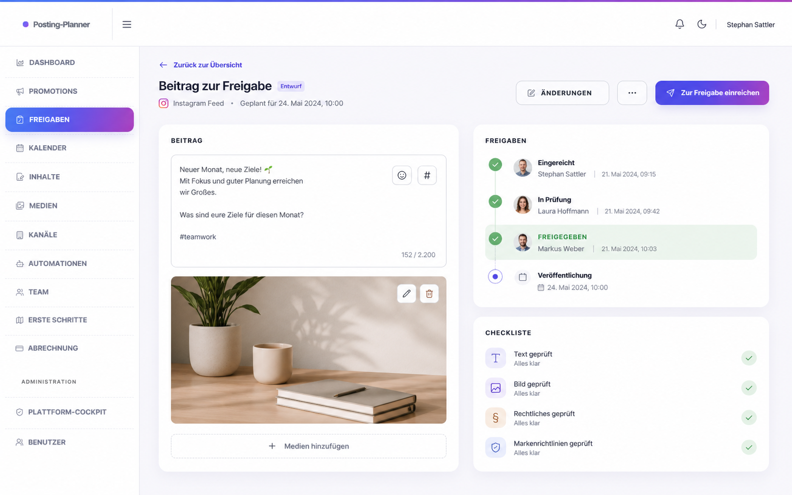 Example view of a team approval in Posting-Planner